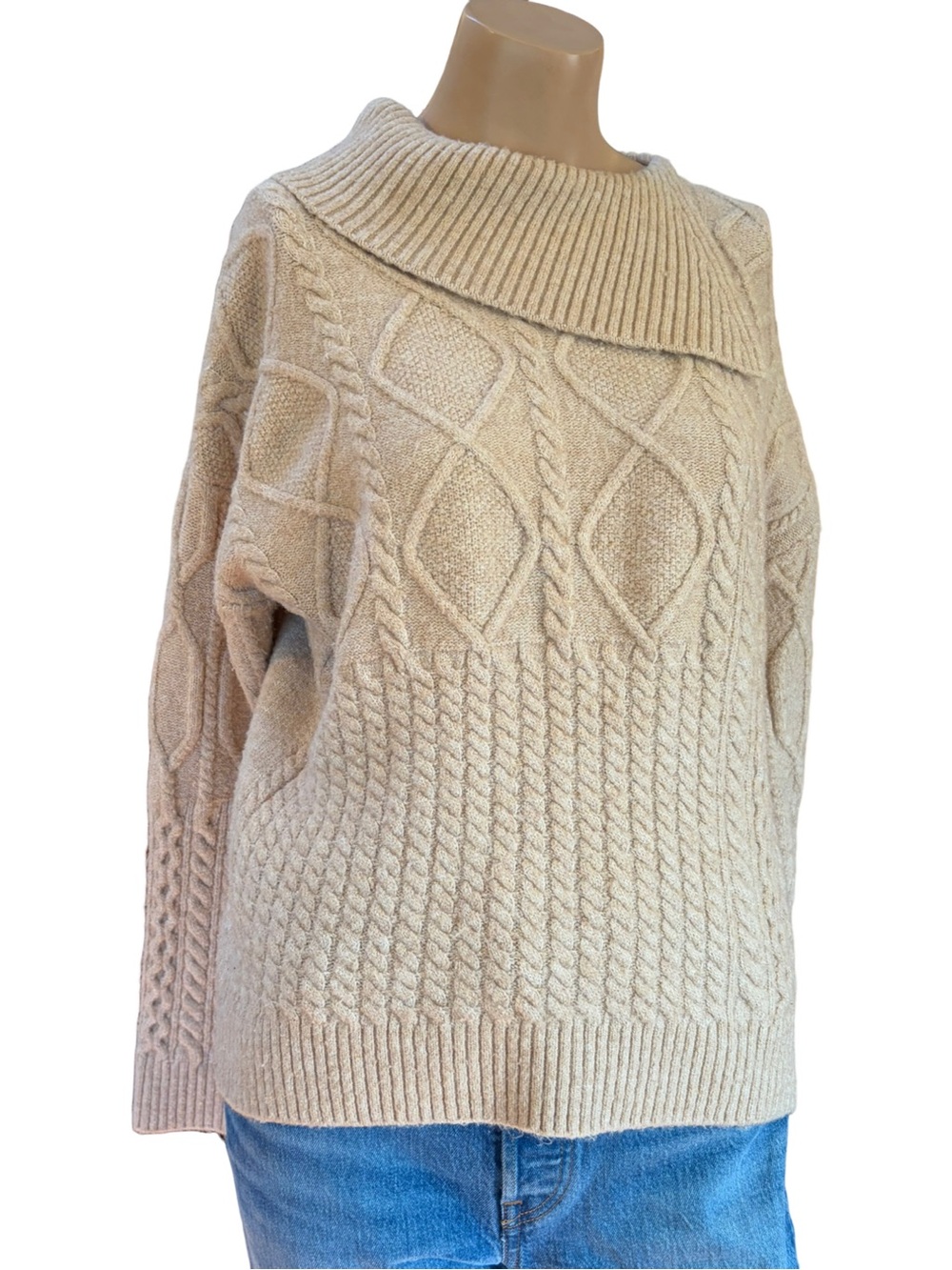 Nicole Miller Oatmeal Beige Bouclé Cable Knit Cowl Neck Sweater XS